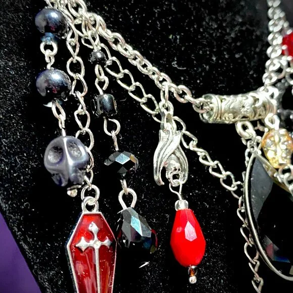 Goth Girl Trendy Charm Necklace Pagan--Witchy Vibes--Silver Bat Red Coffin - Picture 5 of 6